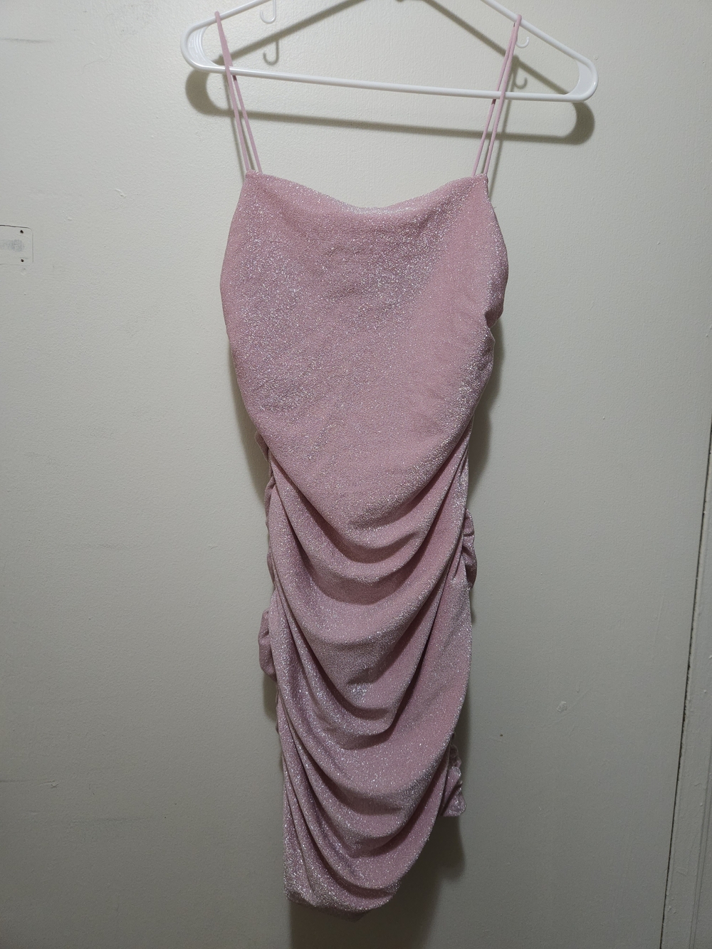SHEIN BAE Sparkly Pink Glitter Ruched Bodycon Mini Dress - Size